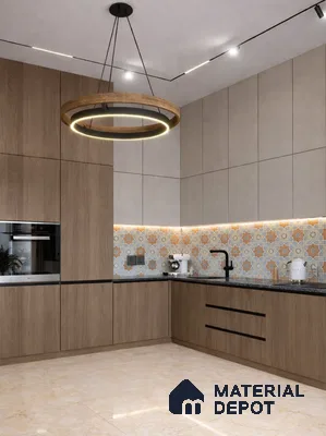 Modern kitchen with light oak wood laminate, beige solid laminate, and patterned moroccan backsplash tiles