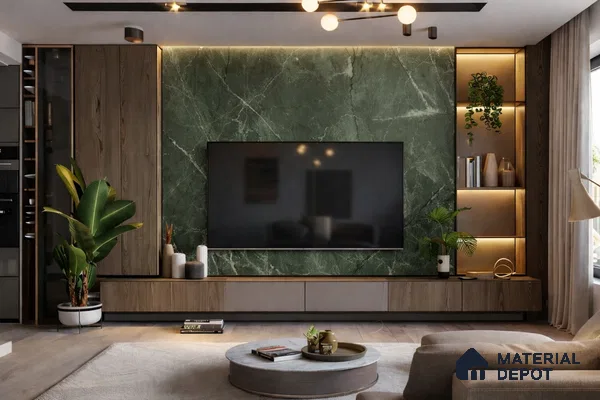 Modern living room with green marble laminate TV wall and walnut wood laminate cabinetry