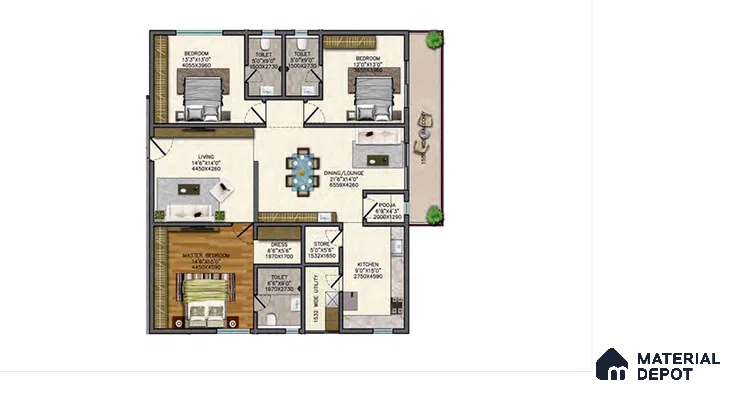 Modern 3BHK apartment floor plan with wood flooring, neutral tiles, and open dining lounge