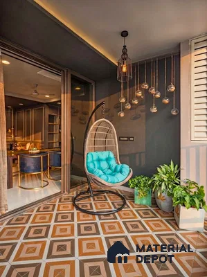 Modern balcony with geometric patterned floor tiles and rattan swing chair