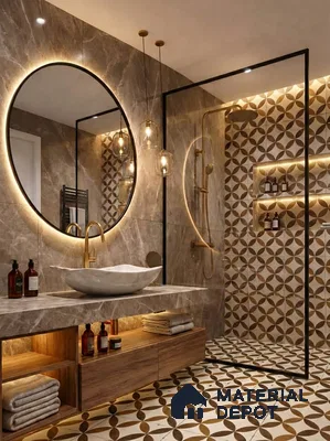 Modern bathroom with marble-look wall tiles, geometric patterned floor and wall tiles, and wooden vanity