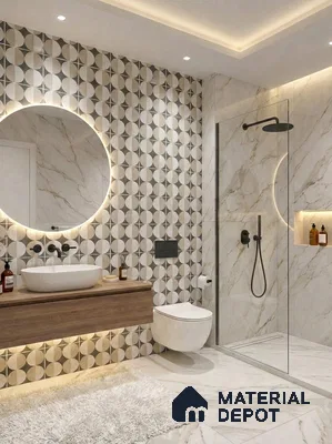 Modern bathroom with geometric patterned wall tiles, marble-look tiles, and floating wood vanity