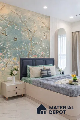 Japandi bedroom with chinoiserie floral wallpaper and marble floor tile