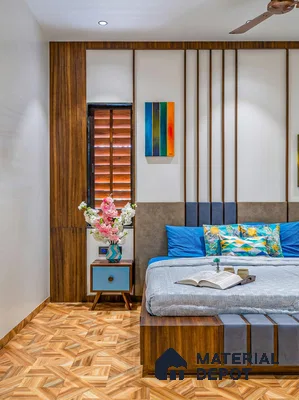 Modern bedroom with walnut wood laminate, geometric wood tile flooring, and upholstered headboard