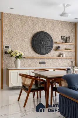 Mid-century modern dining room with patterned beige wallpaper, white marble floor tile, and wooden furniture
