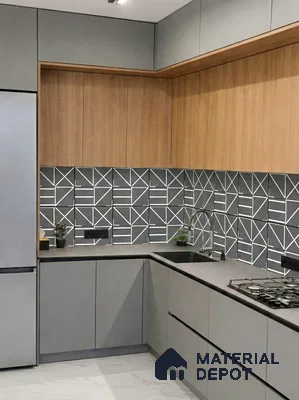 Modern kitchen with grey laminate cabinets, oak wood laminate overheads, and geometric patterned backsplash tiles