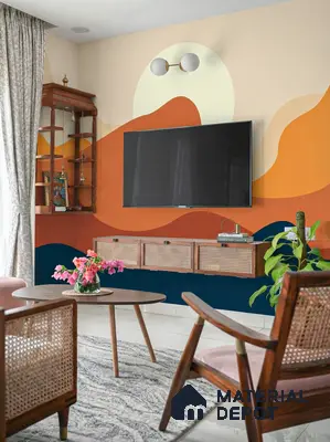 Mid-century modern living room with cane-front TV unit, abstract wall mural, and wooden furniture