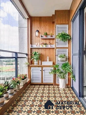 Scandinavian balcony with wood wall panels and geometric patterned floor tiles