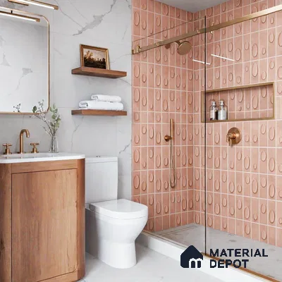 Modern bathroom with terracotta 3D patterned wall tiles, white marble-look wall tiles, and wood vanity