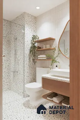 Scandinavian bathroom with terrazzo tiles, vertical white subway wall tiles, and wood vanity