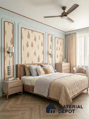 Scandinavian bedroom with beige botanical wallpaper and herringbone wood flooring