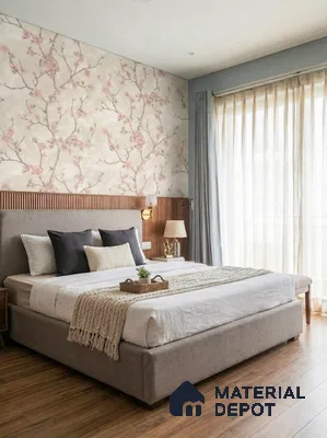 Japandi bedroom with floral wallpaper, wood fluted panels, and natural wood flooring