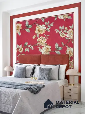 Modern bedroom with red floral wallpaper accent wall and suede upholstered headboard