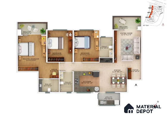 Modern 3BHK apartment floor plan with wooden flooring, tiled bathrooms, and open plan living-dining