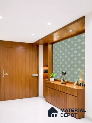 Modern foyer with walnut brown wood laminate, patterned wallpaper, and fluted cabinet