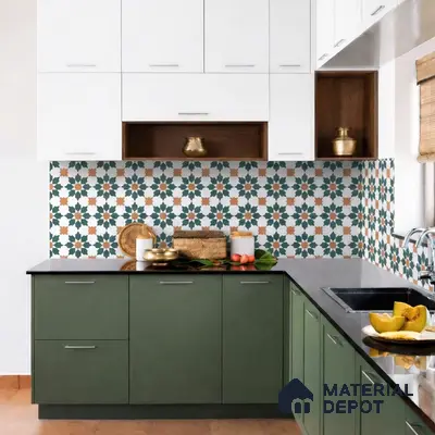 Modern kitchen with olive green laminate, white laminate, and geometric moroccan backsplash tiles
