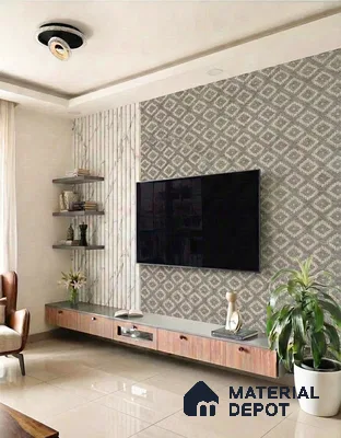 Modern TV unit with patterned wallpaper, marble-look laminate panels, and wooden floating cabinet