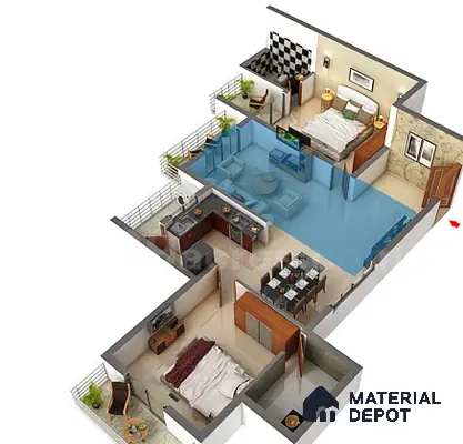 Modern Floor Plan with blue sectional sofa, beige floor tiles, and open plan layout