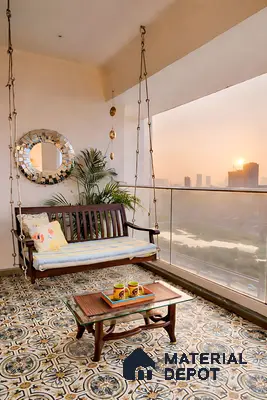 Eclectic balcony with patterned moroccan floor tiles and wooden swing seating