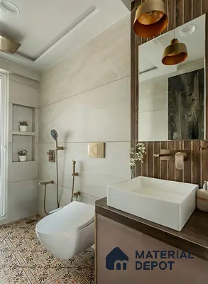 Modern bathroom with beige stone wall tiles, patterned moroccan floor tiles, and wood-look laminate vanity