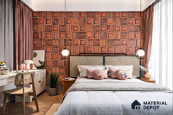 Mid-century modern bedroom with geometric patterned wallpaper and light wood flooring
