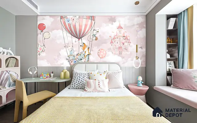 Modern kids room with pastel animal print wallpaper and soft pink accents