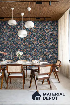 Mid-century modern dining room with floral wallpaper, wooden louver ceiling, and cane-back chairs