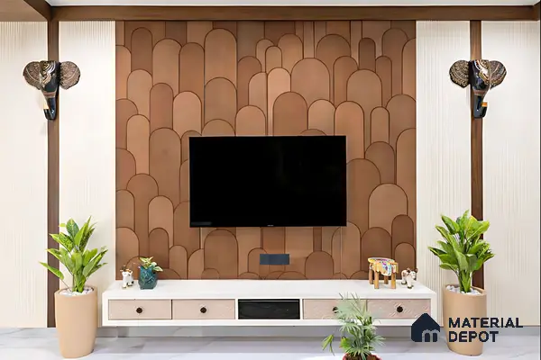 Modern TV unit with geometric wooden laminate panels and fluted white laminate accents