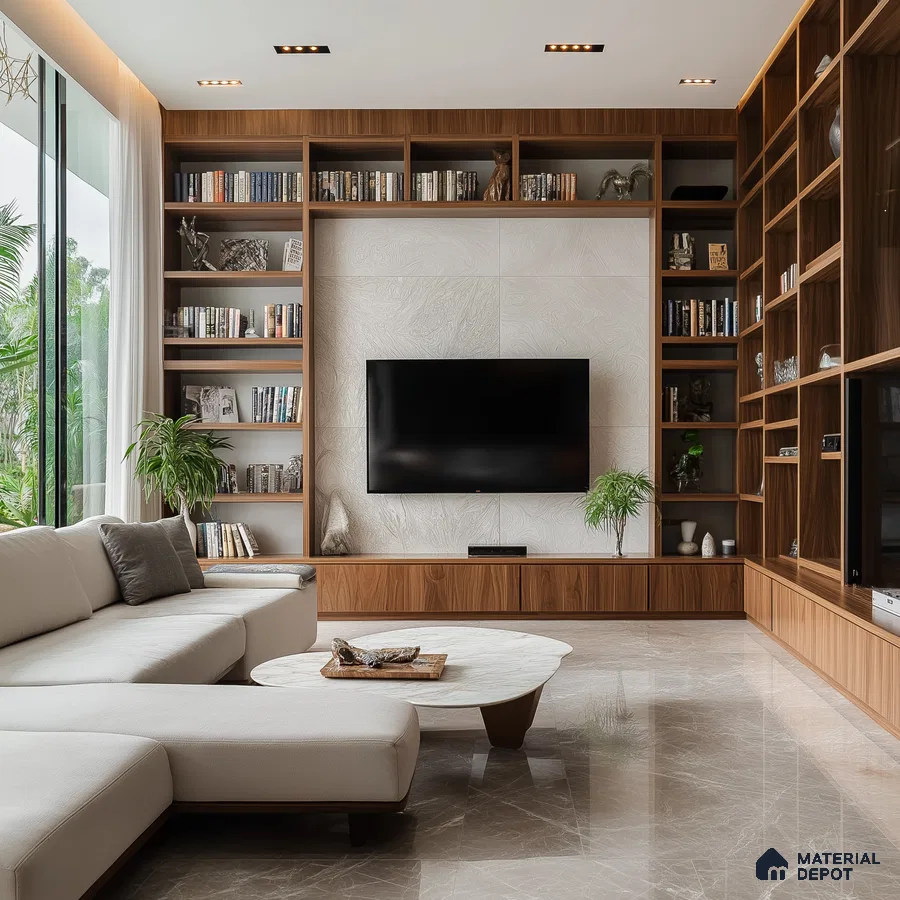 A Cozy Reading Nook: A Modern Living Room with Built-in Bookshelves | Material Depot