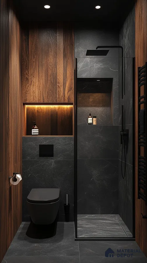 A Dark and Moody Bathroom: A Bold and Edgy Design with Wood Accents | Material Depot