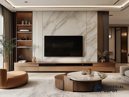 A Harmonious Blend: A Modern Living Room with Marble and Wood Accents | Material Depot