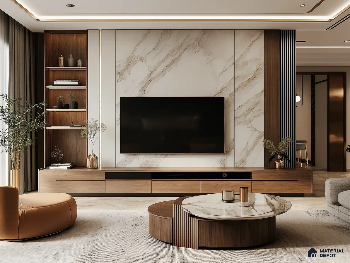 A Harmonious Blend: A Modern Living Room with Marble and Wood Accents | Material Depot