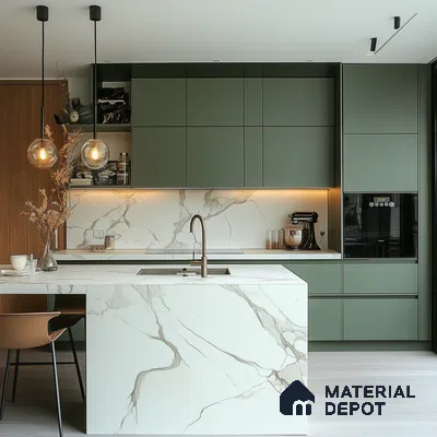 A Luxurious Kitchen Retreat: A Blend of Green and Marble Elegance | Material Depot