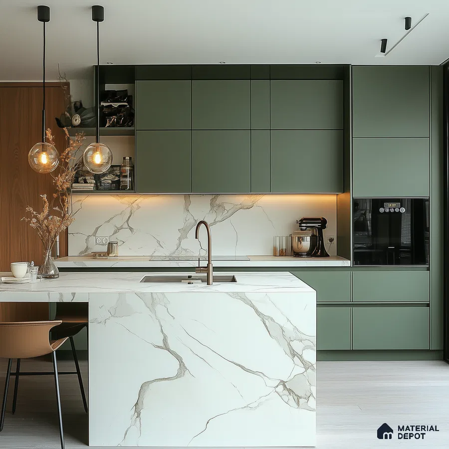 A Luxurious Kitchen Retreat: A Blend of Green and Marble Elegance | Material Depot