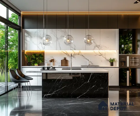 A Luxurious Modern Kitchen: A Blend of Black and White Marble Elegance | Material Depot