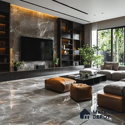 A Luxurious Retreat: A Modern Living Room with a Dramatic Marble Feature Wall | Material Depot
