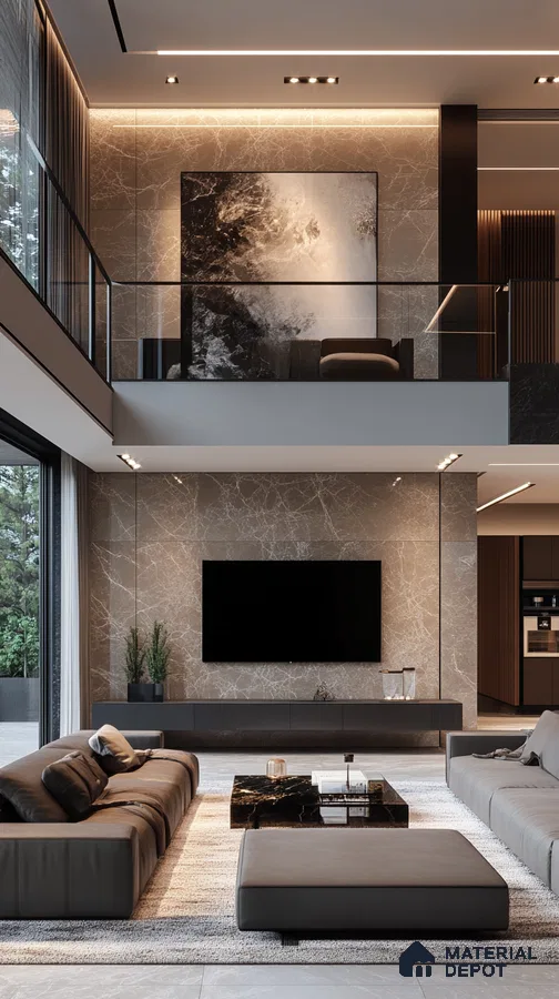 A Modern Masterpiece: A Luxurious Double-Height Living Room with Marble Accents | Material Depot