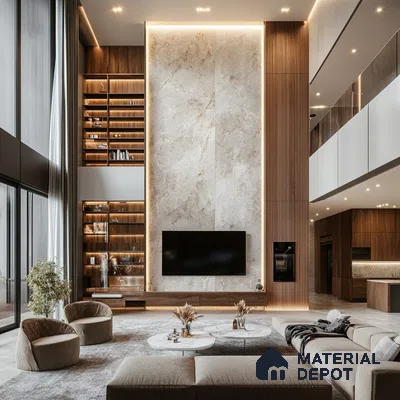 A Modern Masterpiece: A Luxurious Double-Height Living Room with Marble and Wood Accents | Material Depot