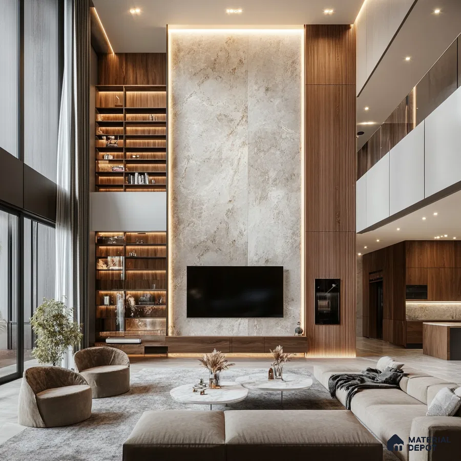 A Modern Masterpiece: A Luxurious Double-Height Living Room with Marble and Wood Accents | Material Depot