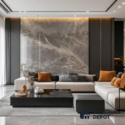 A Modern Masterpiece: A Luxurious Living Room with a Marble Feature Wall | Material Depot