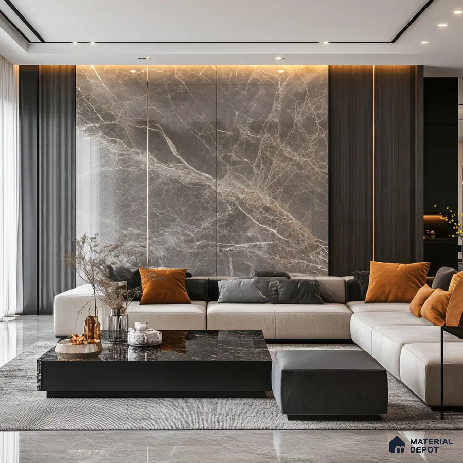 A Modern Masterpiece: A Luxurious Living Room with a Marble Feature Wall | Material Depot