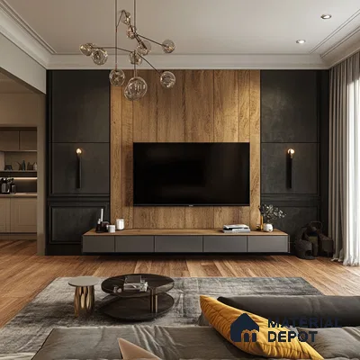 A Modern Masterpiece: A Luxurious Living Room with a Wood and Dark Accent Wall | Material Depot