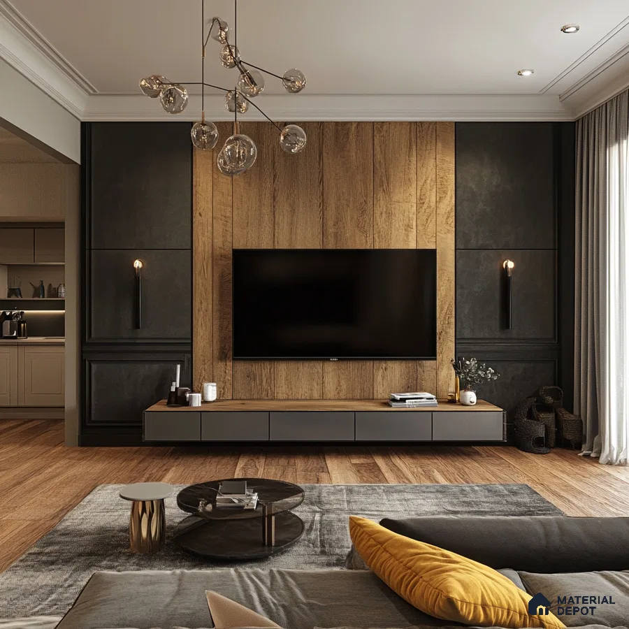 A Modern Masterpiece: A Luxurious Living Room with a Wood and Dark Accent Wall | Material Depot