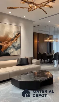 A Modern Masterpiece: A Luxurious Living Room with Striking Marbled Accents | Material Depot