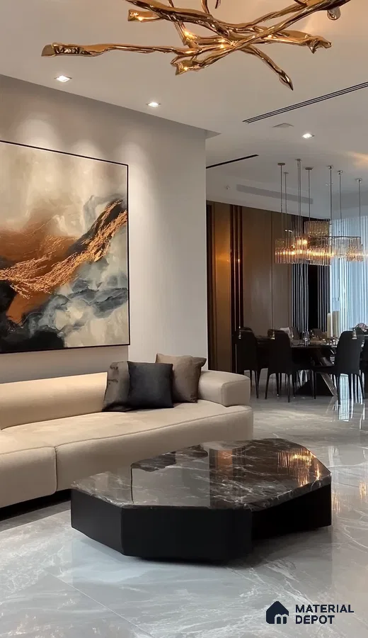 A Modern Masterpiece: A Luxurious Living Room with Striking Marbled Accents | Material Depot