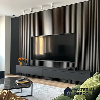 A Modern Masterpiece: A Sleek Living Room with a Wood-Paneled Feature Wall | Material Depot