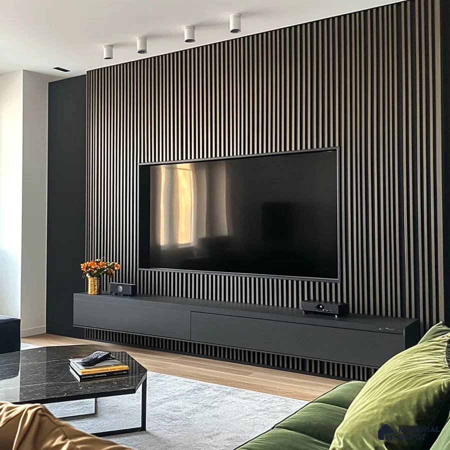 A Modern Masterpiece: A Sleek Living Room with a Wood-Paneled Feature Wall | Material Depot