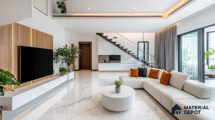 A Modern Oasis: A Spacious Open-Concept Living Room with Marble Flooring | Material Depot