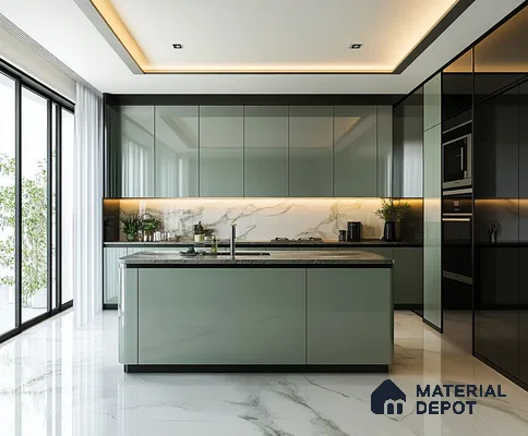 A Serene Green Kitchen: A Modern Oasis with Luxurious Touches | Material Depot