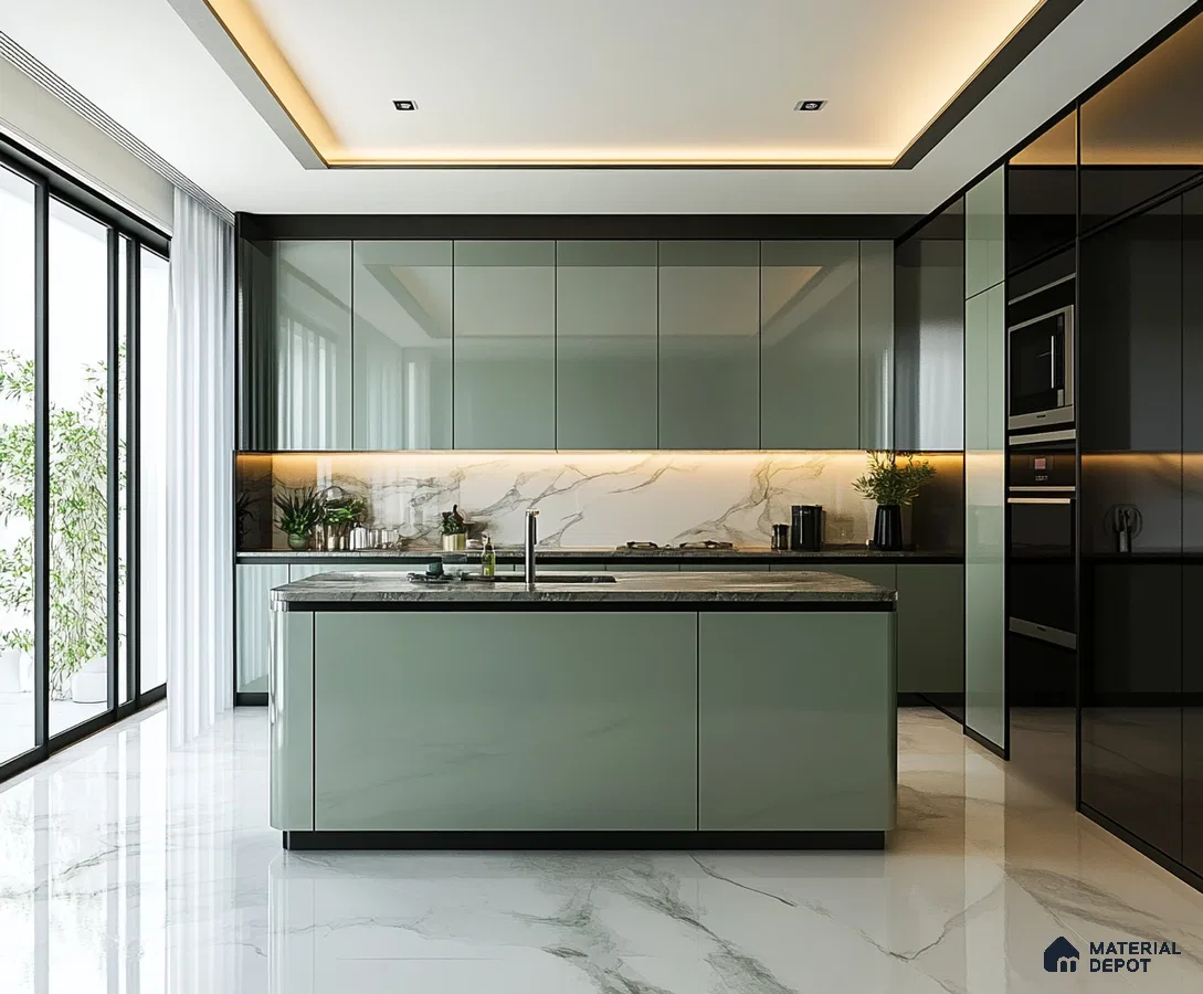 A Serene Green Kitchen: A Modern Oasis with Luxurious Touches | Material Depot
